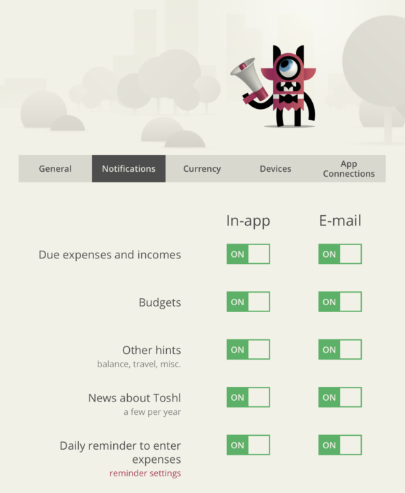 notification settings in the Toshl Finance web app