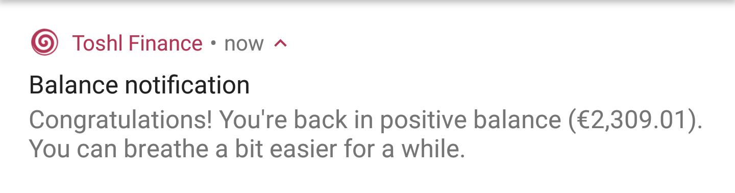 back in positive balance notification